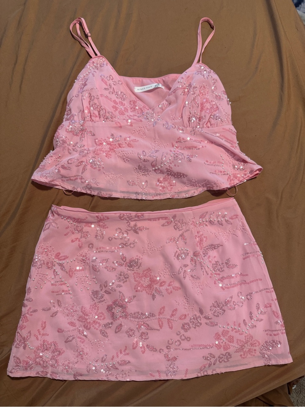 Altar'd State Pink Sequin Floral Skirt Set